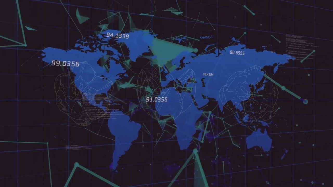 세계 지도를 가로지르는 데이터 처리 및 연결 네트워크의 애니메이션