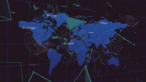 animación del procesamiento de datos y la red de conexiones sobre el mapa del mundo