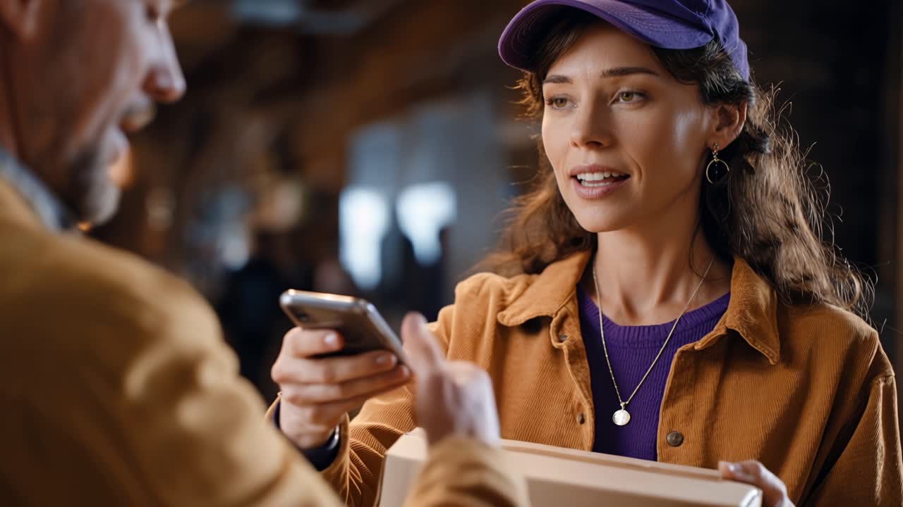 A Delivery Experience: Smiling Woman in Purple Hat Engaging with Customer while Receiving a Package in a Cozy Environment, Showcasing Friendly Service Interaction