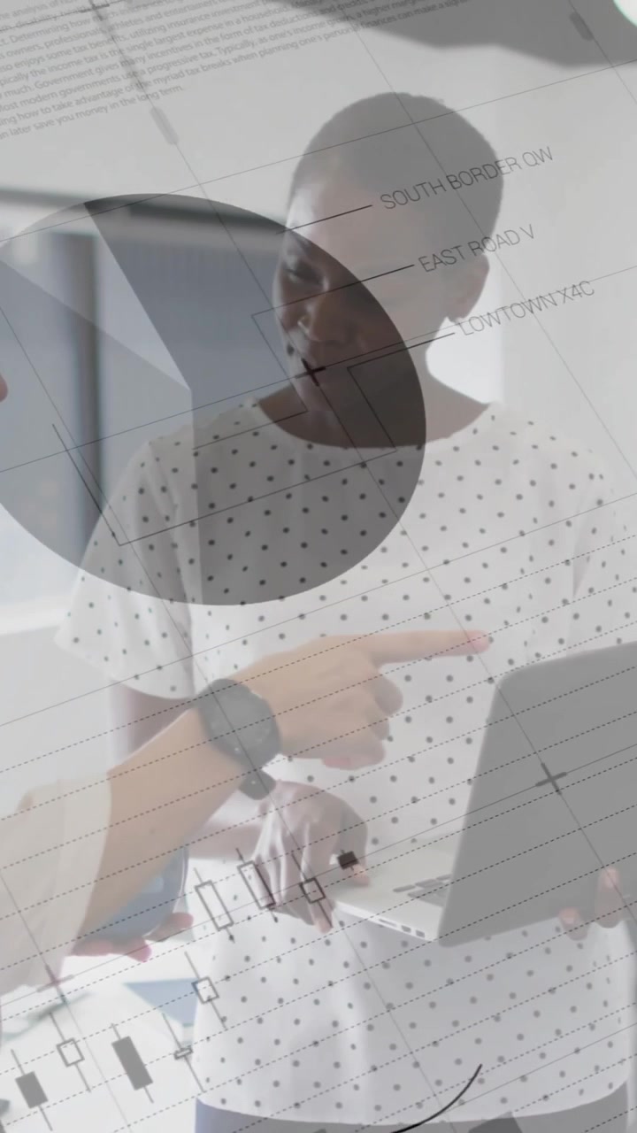 Business data charts and graphs animation over two women discussing in office