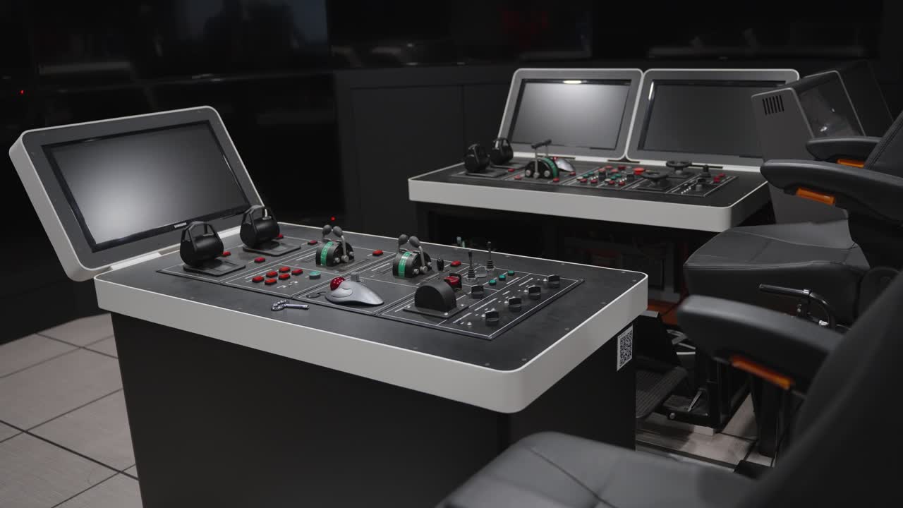 Modern, high-tech control consoles with monitors and joysticks stand ready for use in a maritime navigation simulator training center at a university