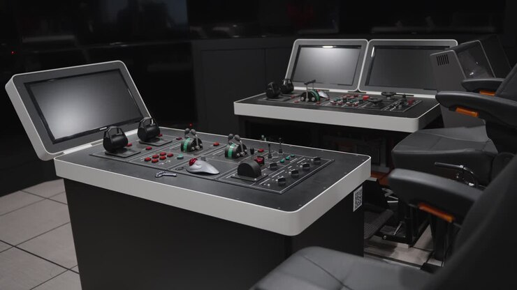 Console di controllo moderne e ad alta tecnologia con monitor e joystick pronte all'uso in un centro di addestramento per simulatori di navigazione marittima presso un'università.