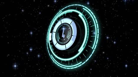 animación de un escáner circular giratorio con cuenta atrás, sobre estrellas brillantes sobre un fondo negro