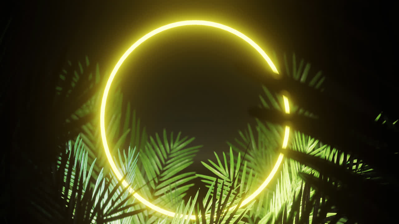 Animation of leaves over yellow neon circle on black background