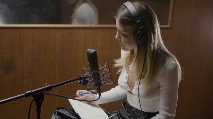 Bella cantante al lavoro in uno studio musicale.