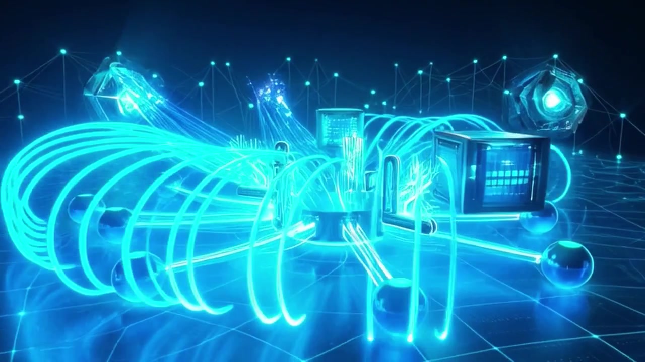 Abstract Digital Network Visualization with Glowing Data Nodes and Connections