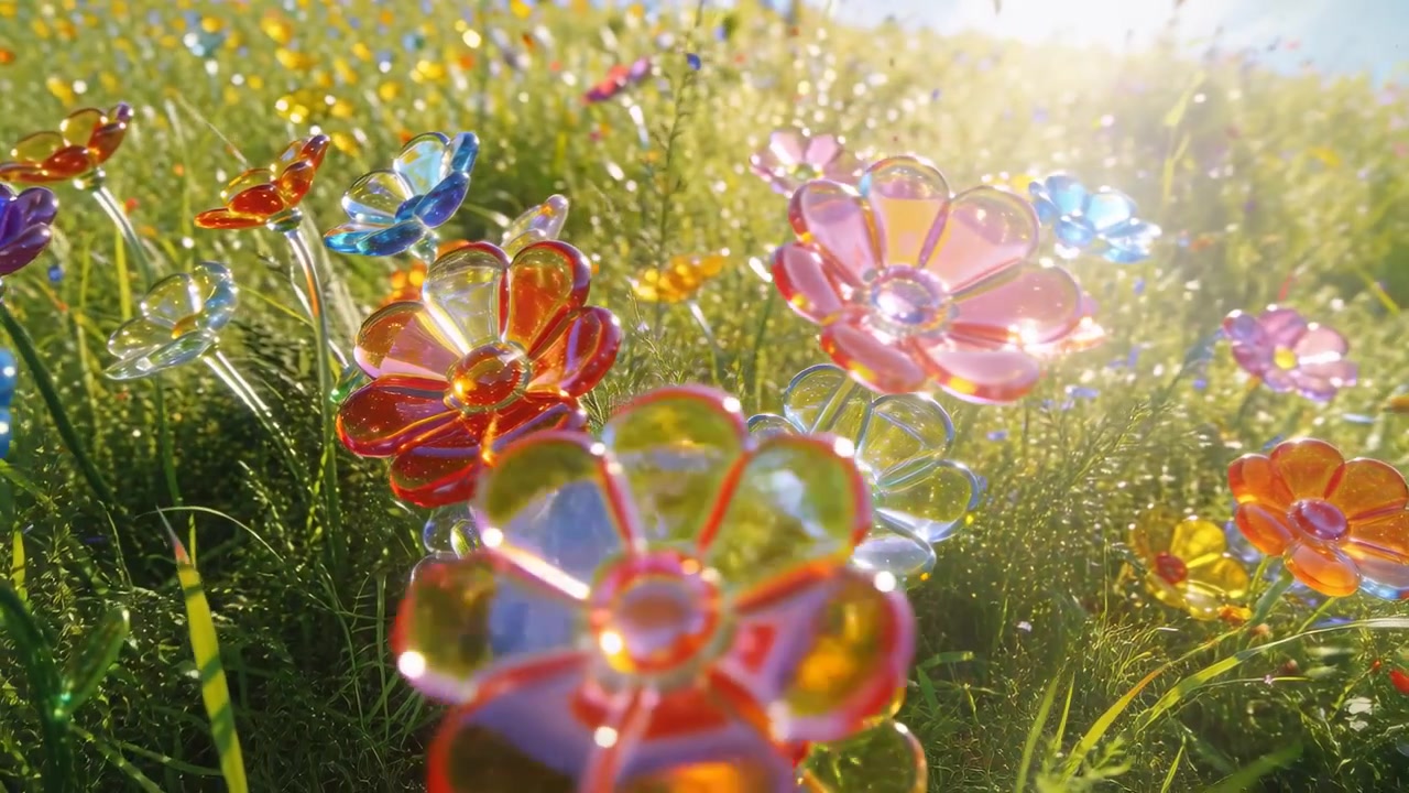 Caméra glissant révélant un amas de fleurs en verre multicolores couvertes de rosée sur une colline, le soleil commençant son mouvement.