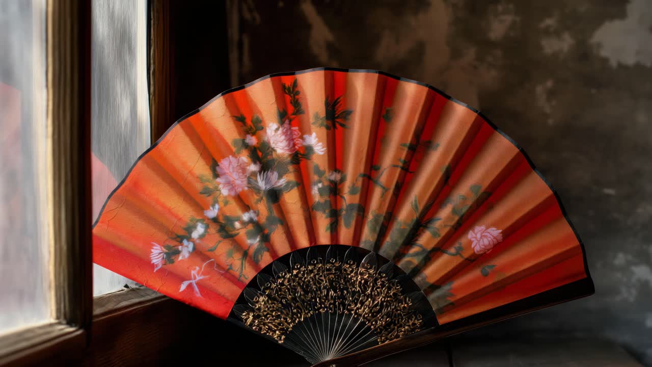 Delicate orange hand fans displaying intricate floral patterns resting near soft window light, highlighting traditional craftsmanship and artistic design elegance