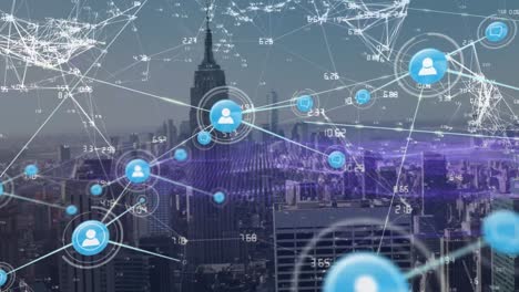 animation of network of connections with icons over cityscape