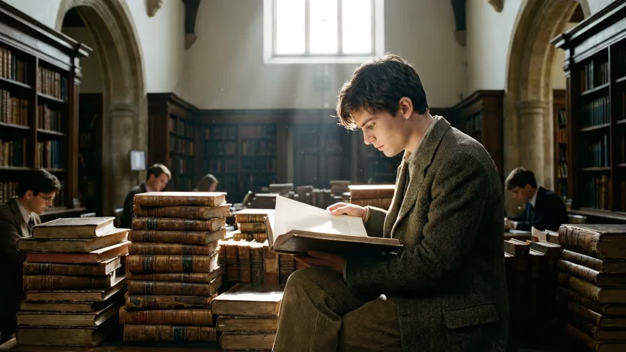 Hombre leyendo en una biblioteca clásica