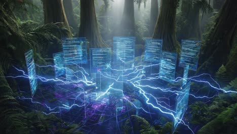 technological network in a mystical forest environment