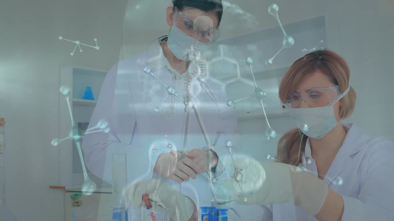 분자, dna 스트랜드 및 데이터 처리가 실험실에서 다양한 과학자들에 대한 애니메이션