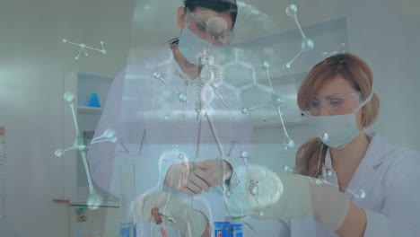 animación de moléculas, cadena de adn y procesamiento de datos en diversos científicos en el laboratorio