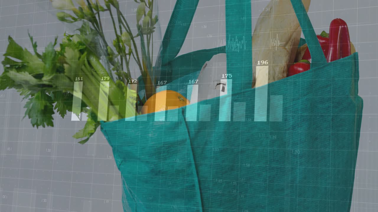 Data overlay appearing at frame 1 over teal tote, bars rising and updating showing sales metrics
