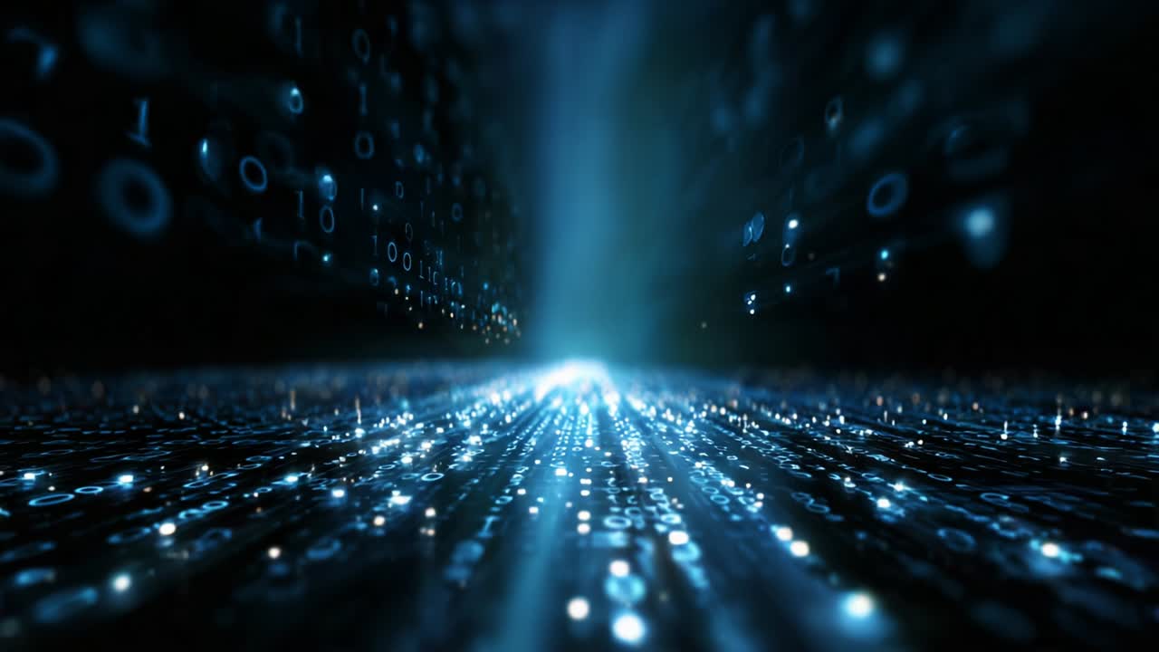 A mesmerizing digital landscape depicting the flow of data through binary code, illuminated by bright light, creating an immersive experience that highlights the technological advancements in modern computing