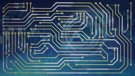 animation of integrated circuit over graphs and clock on blue background