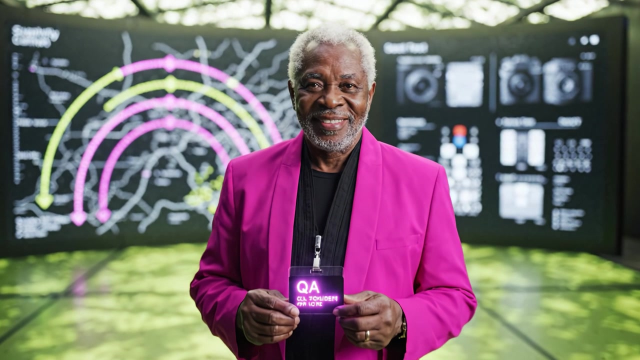 A Distinguished Individual in a Vibrant Pink Suit Standing Confidently in Front of a Futuristic Background Displaying Data Visualizations and Interactive Graphics