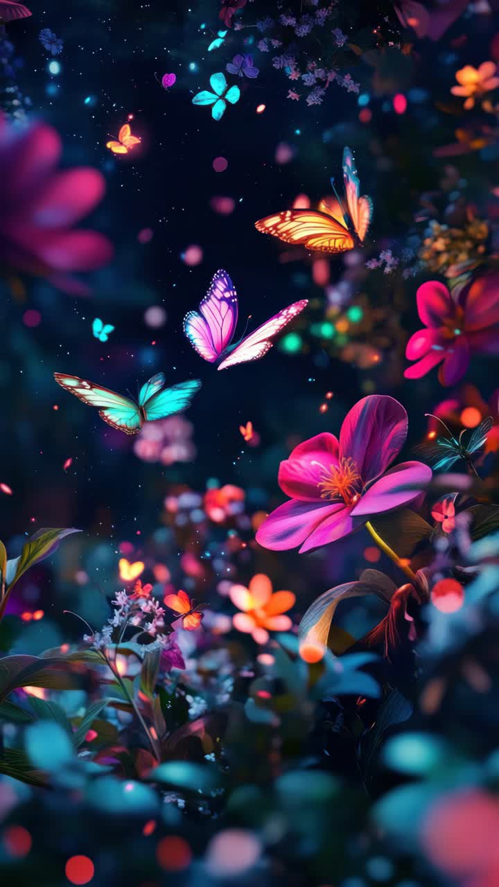 A magical video scene with vibrant butterflies and flowers in a dreamy night garden