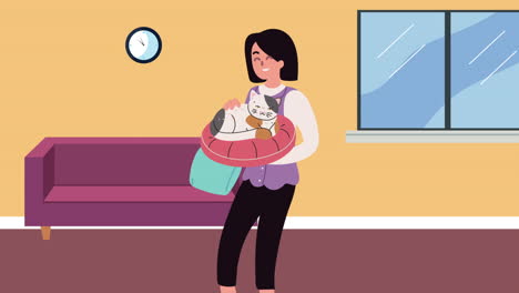 woman lifting cat in livingroom animation