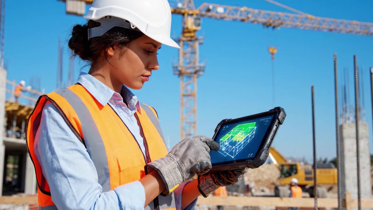 Obrero de construcción utilizando tecnología digital en el sitio para supervisar el progreso del proyecto y asegurar un desarrollo estructural preciso mediante análisis avanzados de planos.