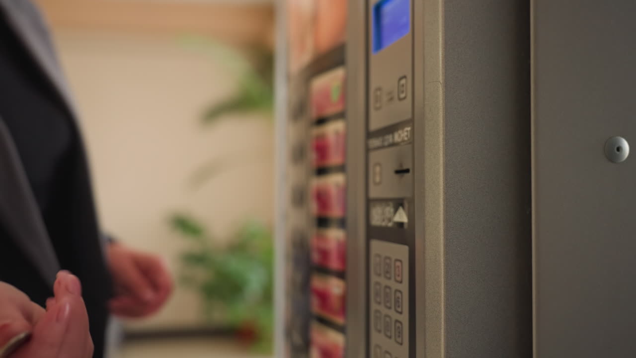 Close-up shot of businesswoman's hand inserting money into vending machine in office, preparing to buy snack during workday, showing focus on detail and casual moment in corporate setting
