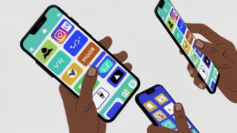hands holding smartphones with digital app interfaces