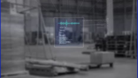 Animation-of-digital-screen-with-diverse-data-over-blurred-warehouse
