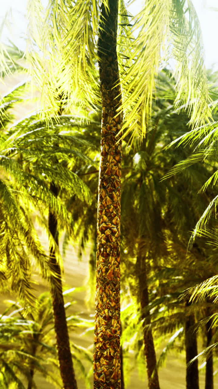 Lush green palm trees under bright sunlight in a serene tropical landscape