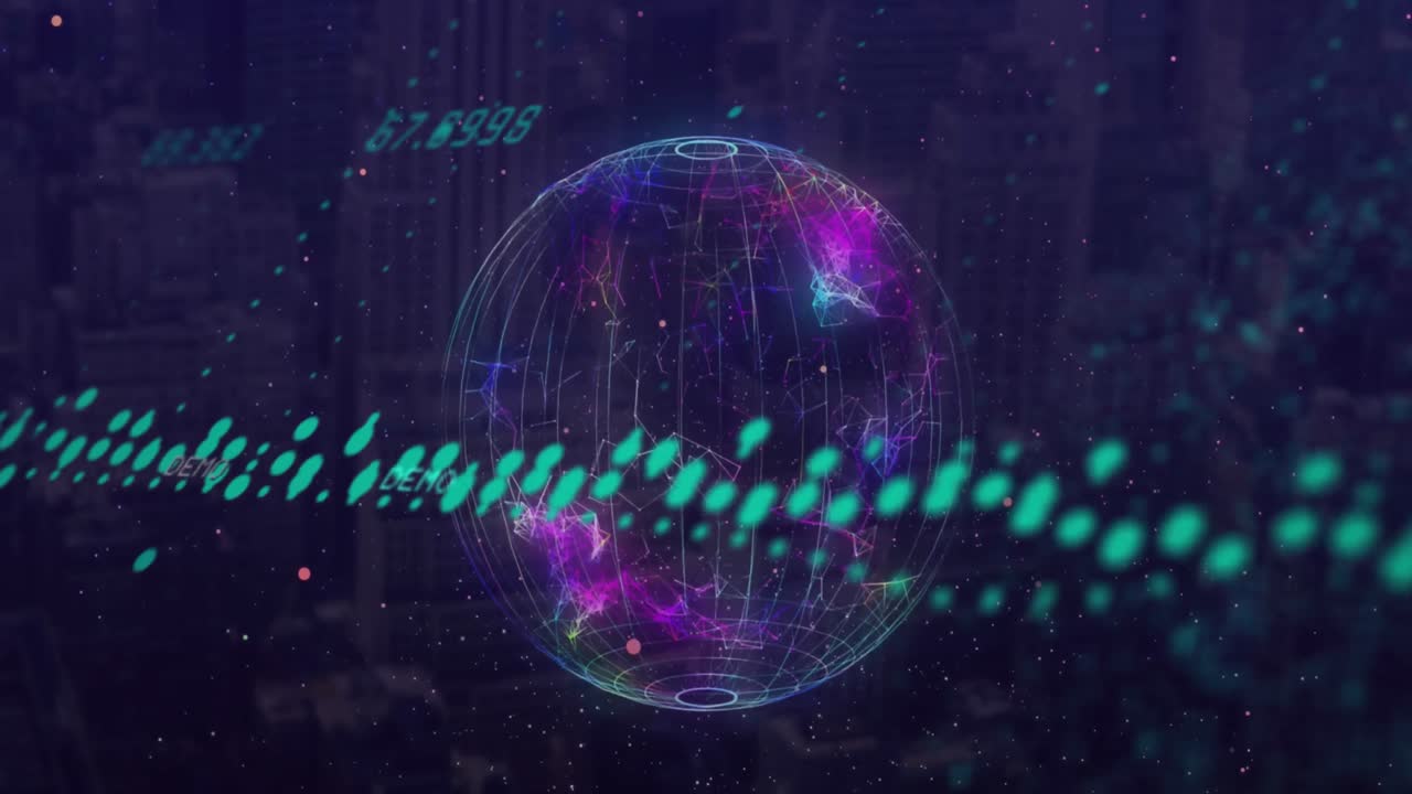 추상적인 배경 위에 변하는 숫자와 글로브를 가진 그래프의 애니메이션