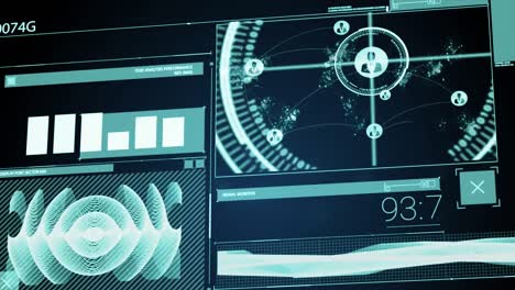 Animation-of-graph,-soundwave,-connected-profile-icons-on-map-and-changing-numbers