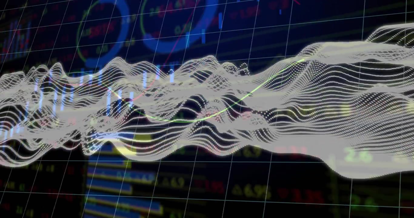 On start waveform cluster undulating across grid chart shifting hues visualizing data pulses