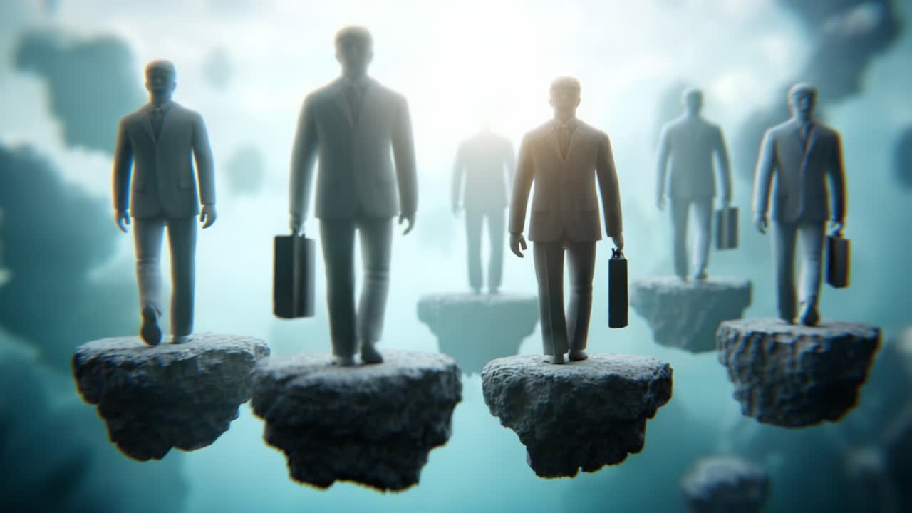 A group of business professionals in suits navigates a surreal landscape, stepping confidently across floating rocks amidst an ethereal mist, symbolizing challenges and opportunities