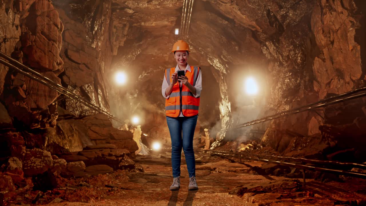 Figura intera di un'ingegnere donna asiatica con elmetto di sicurezza che usa lo smartphone e si guarda intorno in una galleria di miniera sotterranea.
