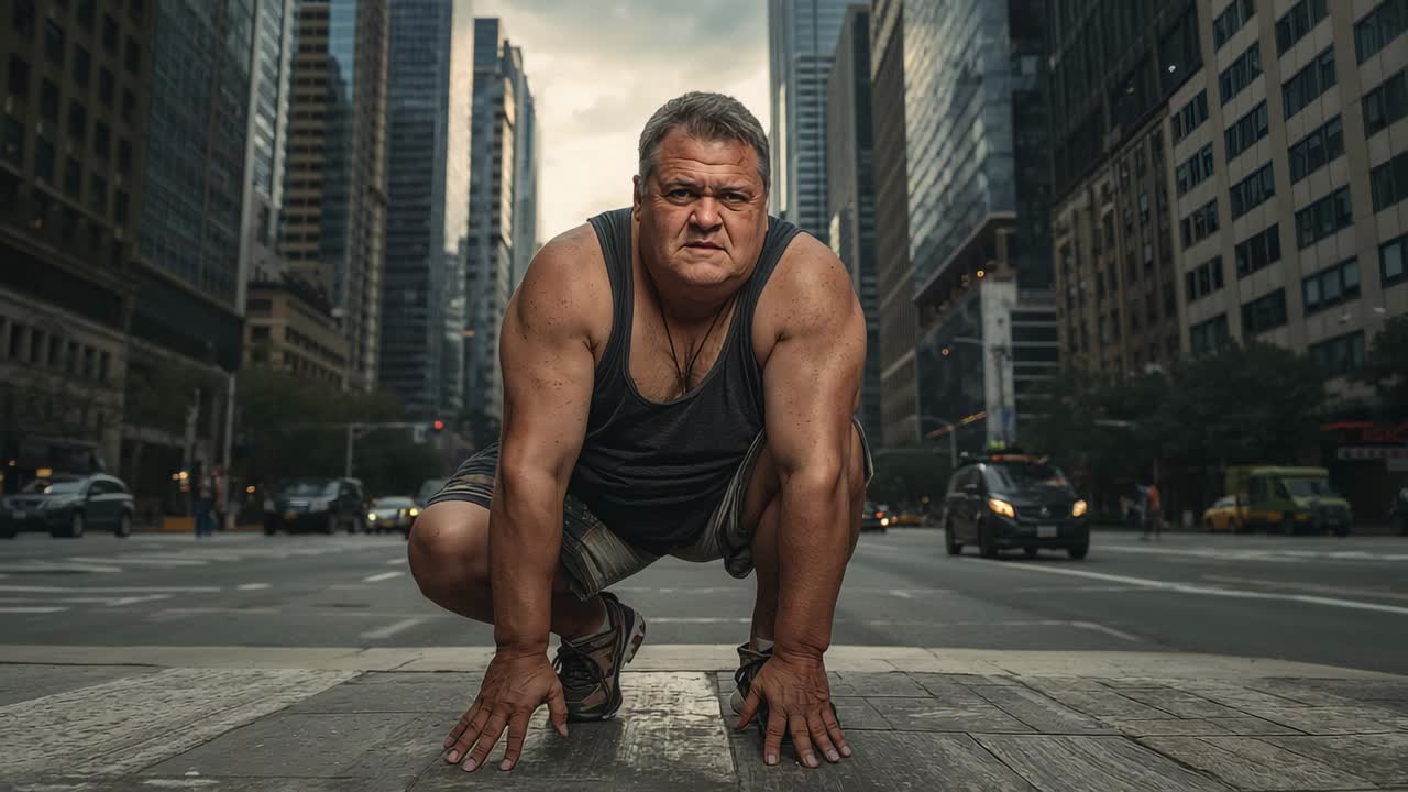 Placing hands, man in tank top holding crouch on board for pose on avenue with cars