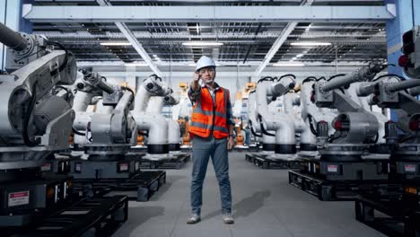 ingeniero interactuando con robots industriales en una fábrica moderna