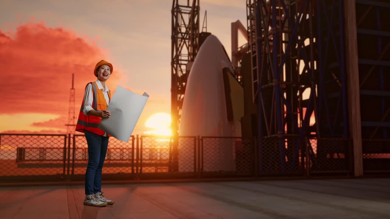 안전 헬을 착용한 아시아 여성 엔지니어가 손에 블루프린트를 들고 스페이스 셔틀에 서서 주위를 둘러보고 있다.