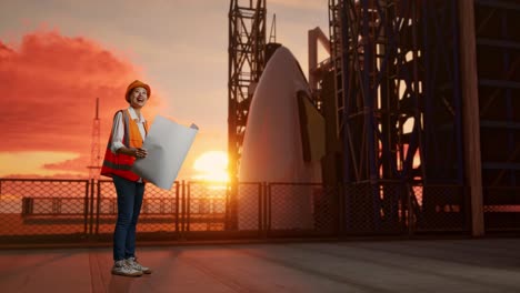 vista lateral completa del cuerpo de una ingeniera asiática con casco de seguridad mirando el plano en sus manos y mirando a su alrededor mientras está de pie con el transbordador espacial, hora de la puesta del sol