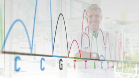 dna sequencing animation over smiling doctor in white coat with stethoscope