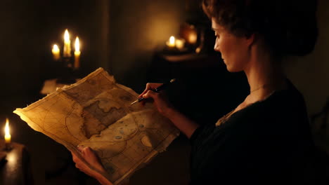 woman studying an old map by candlelight
