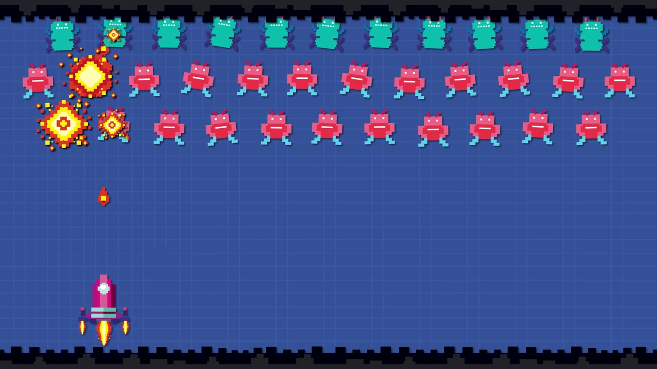 A pixelated spaceship shoots projectiles at rows of colorful alien enemies in retro arcade style