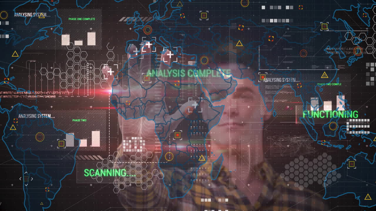 Interacting with digital interface, man scanning global data analysis in animation