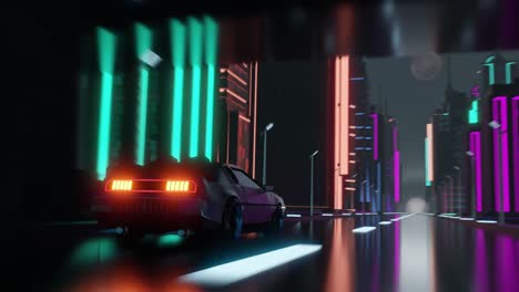 animation of car driving in neon lit city at night background