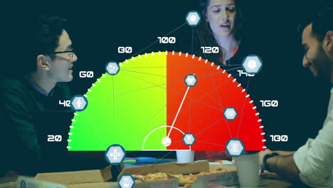 network of digital icons and speedometer against group of businesspeople discussing at office