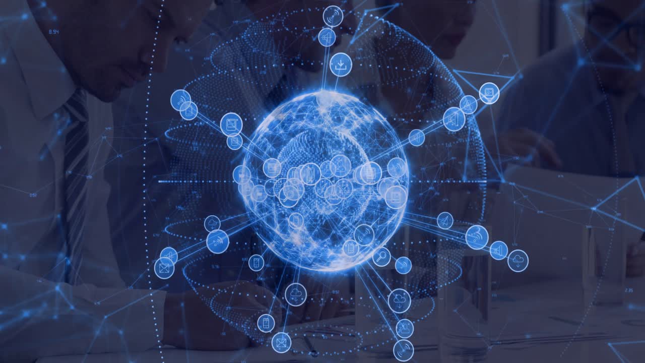 Team activating holographic globe and watching network nodes pulsing for business insights