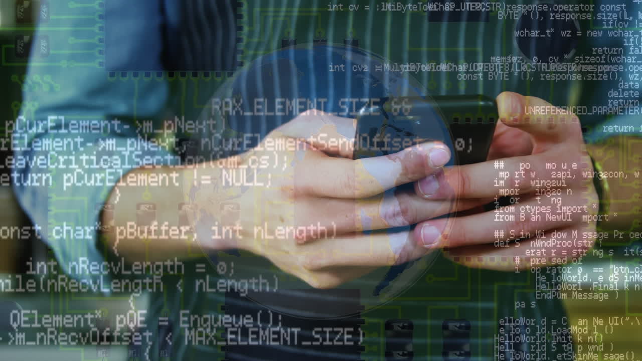 Animation of data processing over hands of caucasian waiter using smartphone