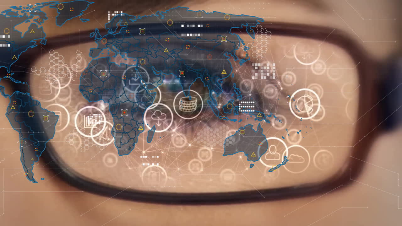 Animation overlaying digital world map and data icons on person's eye with glasses