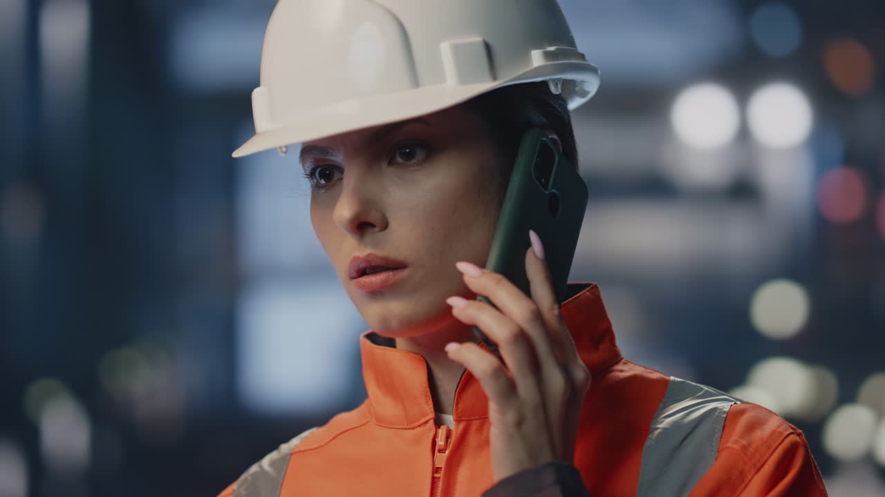 una mujer de negocios de la fábrica hablando con un teléfono inteligente en la instalación de producción en el casco.
