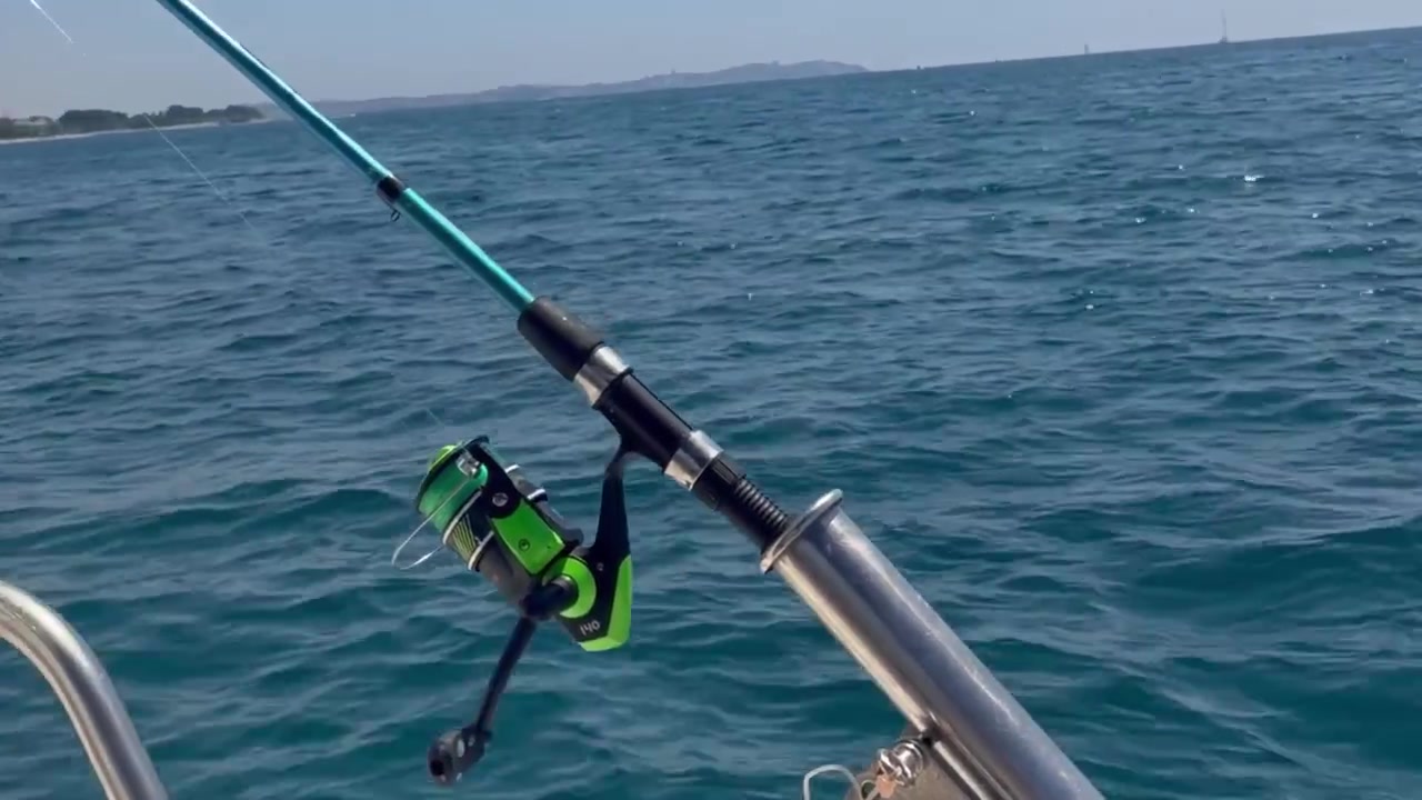 Close fixed shot of fishing rods prepared and ready for use aboard a boat.
