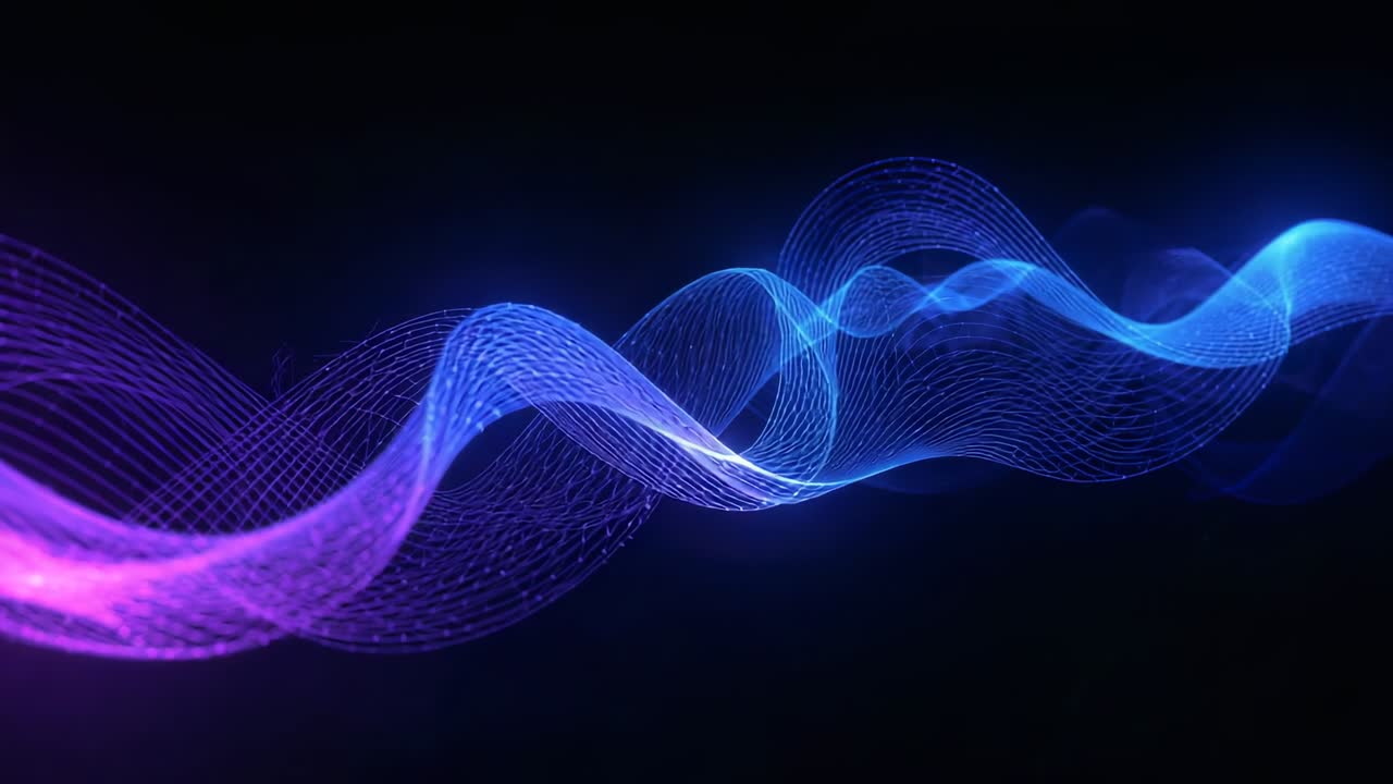 Animation starting with purple-cyan mesh ribbons moving and weaving across black void, pulsing