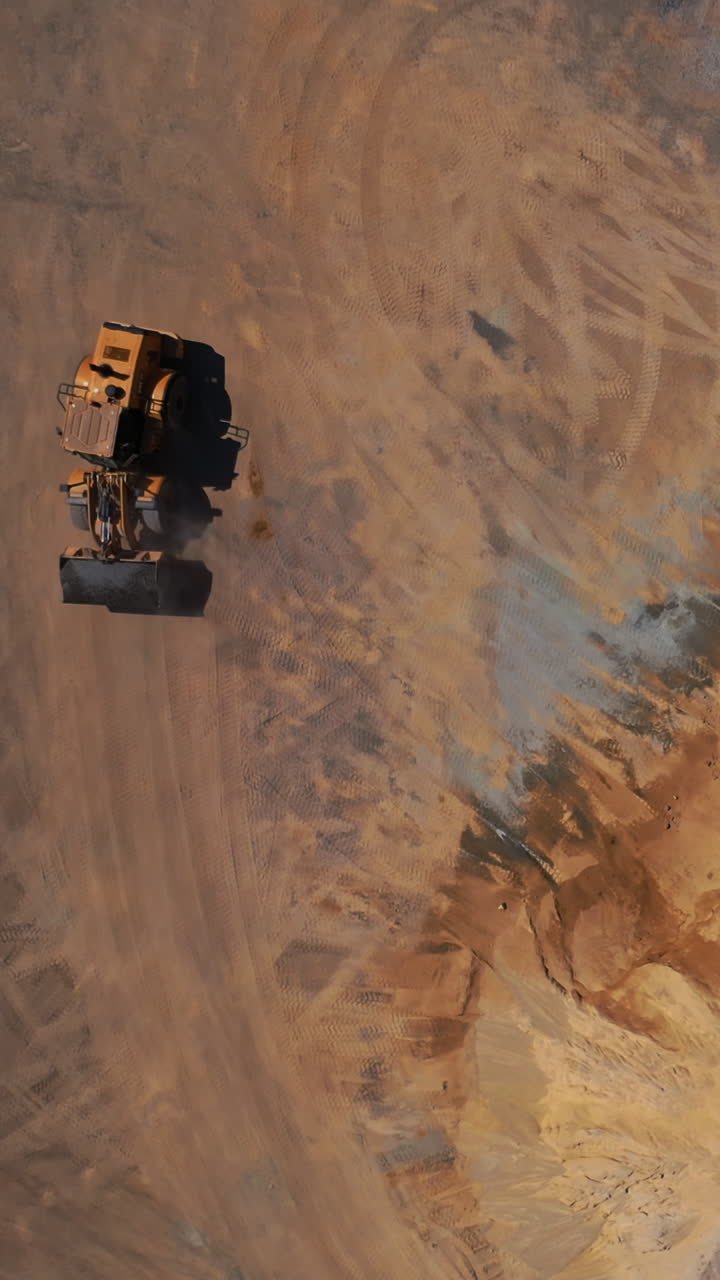 Excavator working on sandy surface. Aerial top view of heavy earthmover working at construction site Vertical video